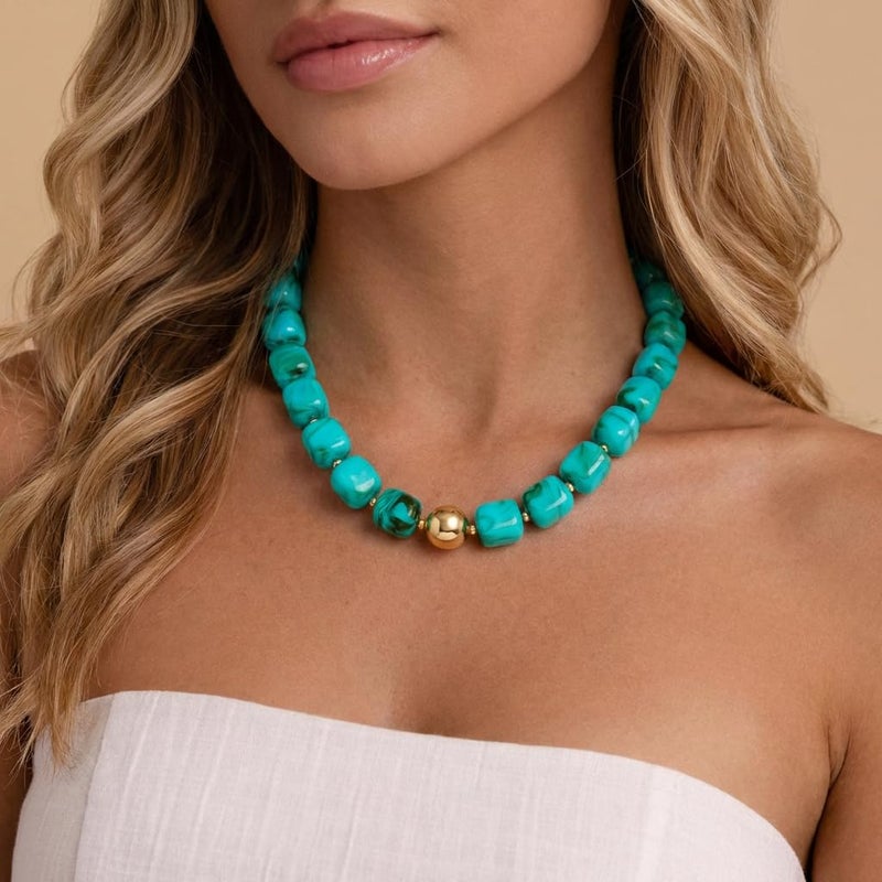 INNERDIVA Chunky Beaded Necklace for Women Big Large Turquoise Bead Choker Necklaces Trendy Summer Beach Beachy Womens Statement Charm Jewelry Boho Colorful Resin Gemstone Necklace Prom Accessories - Image 3