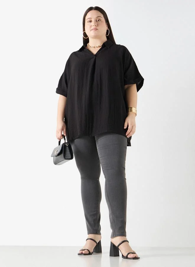 Ulla Popken Plus Size Ulla Popken Textured Top with Short Sleeves