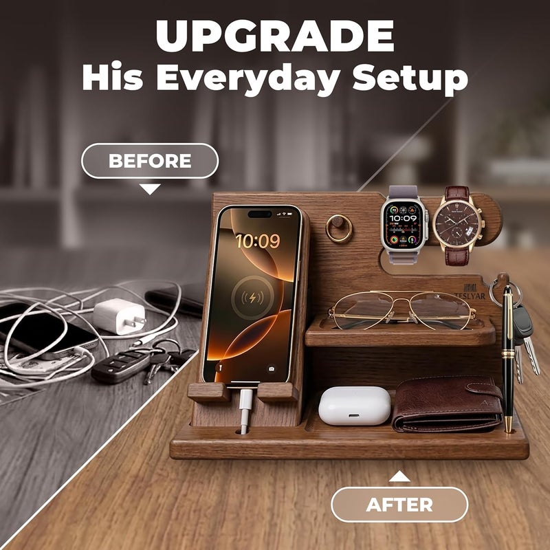 TESLYAR Wood Phone Docking Station for Men - Desk or Nightstand Organizer - Birthday Gifts for Husband or Dad - Anniversary Idea from Wife - Key Holder, Stand Wallet, Watch & Essentials (Earth Beige) - Image 3