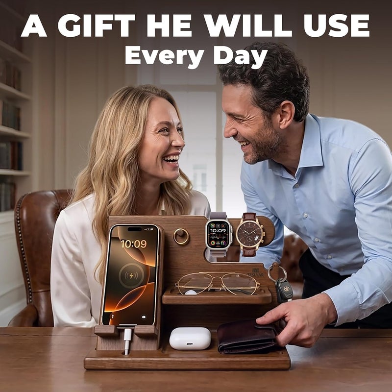 TESLYAR Wood Phone Docking Station for Men - Desk or Nightstand Organizer - Birthday Gifts for Husband or Dad - Anniversary Idea from Wife - Key Holder, Stand Wallet, Watch & Essentials (Earth Beige) - Image 5