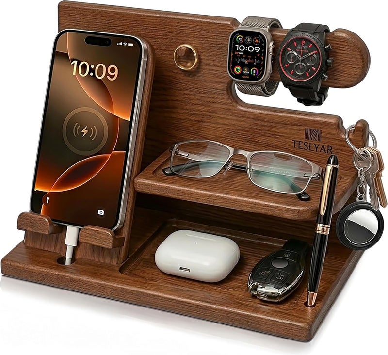 TESLYAR Wood Phone Docking Station for Men - Desk or Nightstand Organizer - Birthday Gifts for Husband or Dad - Anniversary Idea from Wife - Key Holder, Stand Wallet, Watch & Essentials (Earth Beige) - Image 1