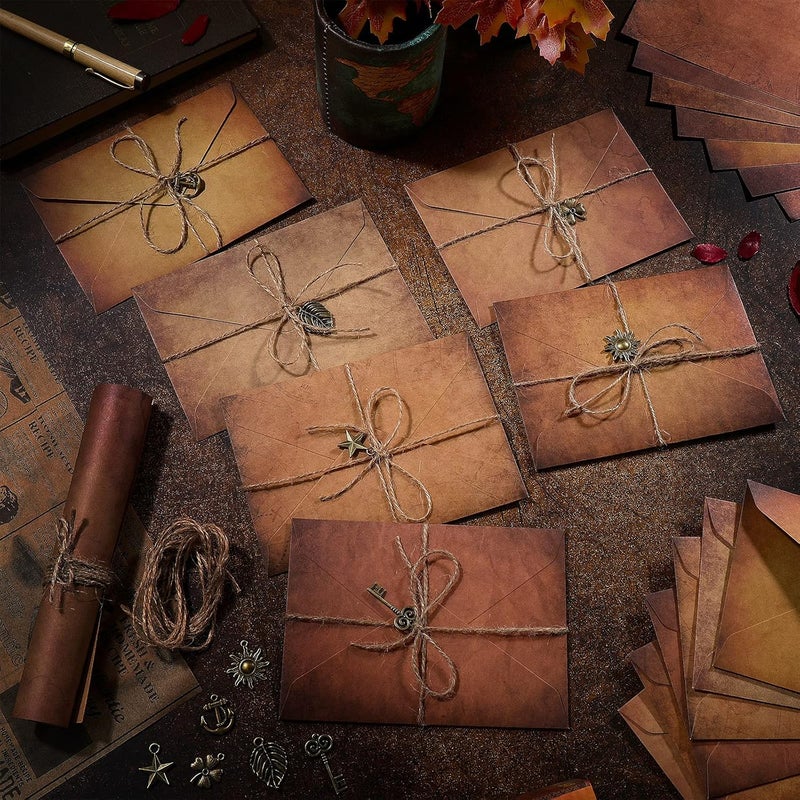 كلاراكو مجموعة ورق ومظاريف مكتبية عتيقة، تتضمن ورق رسائل ومظاريف مكتبية، تتضمن أوراق رسائل عتيقة، مظاريف كرافت، إكسسوارات ريترو، حبل (60) - Image 2