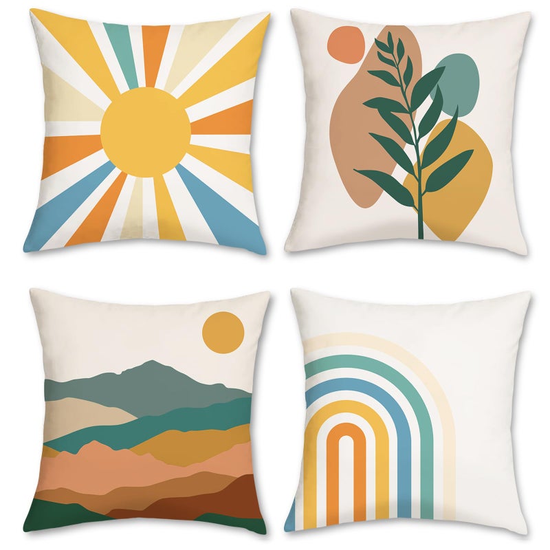 Bonhause Boho Velvet Pillow Covers 18x18 Set of 4 Rainbow Sun Mountain Leaf Modern Art Decorative Pillows Case Soft Velvet Outdoor Cushion Covers for Couch Sofa Bed Home Decor