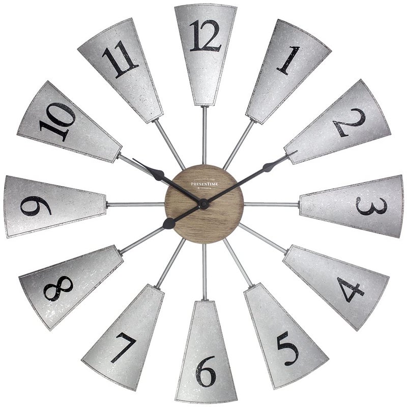 Presentime  Co 24 Lorenzo Farmhouse DIY Windmill Clock IndoorOutdoor Clock Silent no Ticking Wall Dcor Wall Art and Timepiece for Home Decoration Galvanized and Light Gray Oak Finish