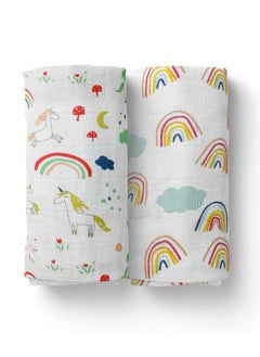 MOM'S HOME Organic Cotton Baby Muslin Swaddle Combo | Rainbow & Unicorn | 100X100 Cm | 0-12 Months | Multicolor | Pack Of 2  - Image 1