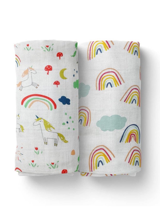 MOM'S HOME Organic Cotton Baby Muslin Swaddle Combo | Rainbow & Unicorn | 100X100 Cm | 0-12 Months | Multicolor | Pack Of 2  - Image 1