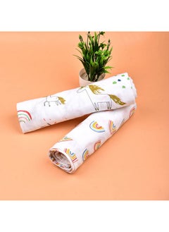 MOM'S HOME Organic Cotton Baby Muslin Swaddle Combo | Rainbow & Unicorn | 100X100 Cm | 0-12 Months | Multicolor | Pack Of 2  - Image 3