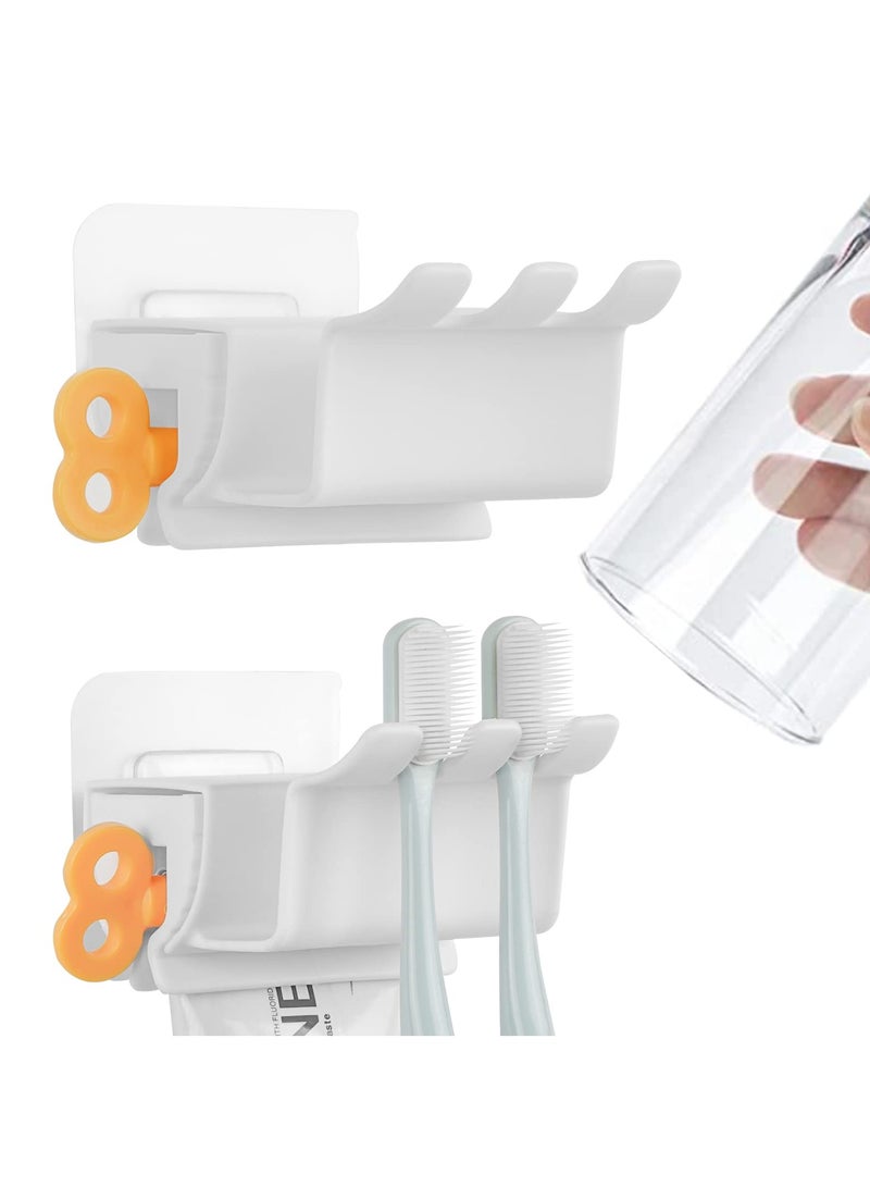 2Pcs Wall Mounted Toothbrush Holder, Toothbrush Holder for Bathrooms with Toothpaste Dispenser Toothbrush Storage Organizer Stand with Double Sided Tape Punching-Free (White) - Image 1
