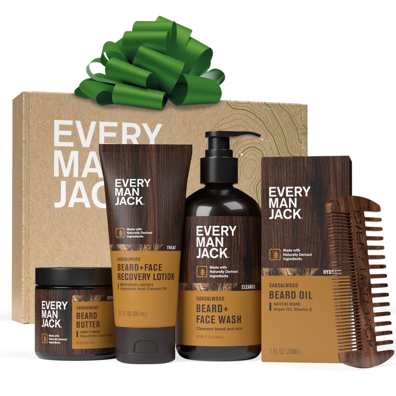 Every Man Jack Beard Essentials Gift Set for Men â€“ Complete Routine with 5 Full-Size Products â€“ Sandalwood Scent - Beard & Face Wash, Lotion, Oil, Butter & Comb - Image 1