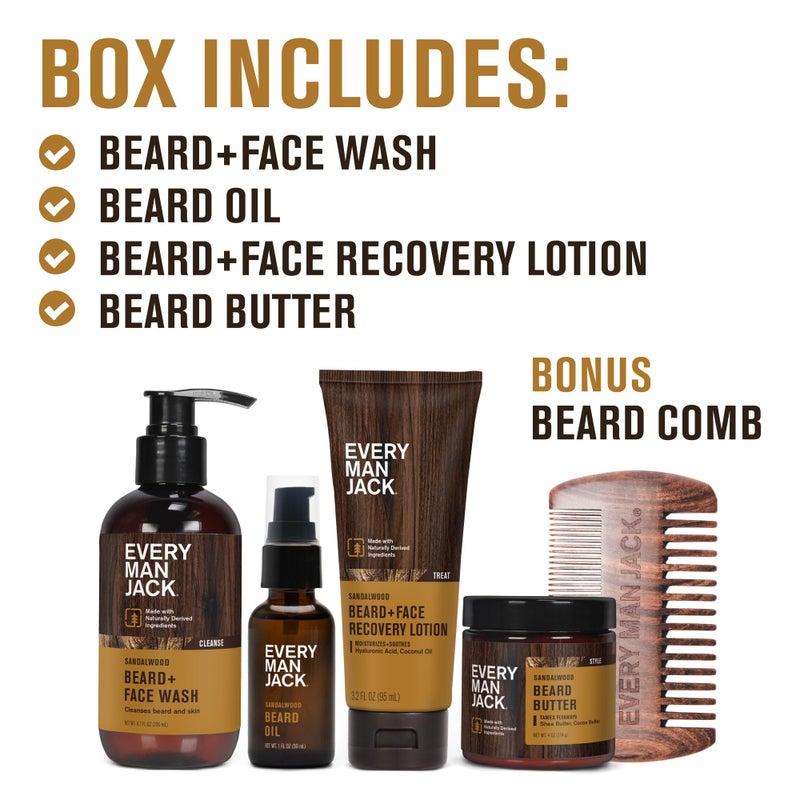 Every Man Jack Beard Essentials Gift Set for Men â€“ Complete Routine with 5 Full-Size Products â€“ Sandalwood Scent - Beard & Face Wash, Lotion, Oil, Butter & Comb - Image 3
