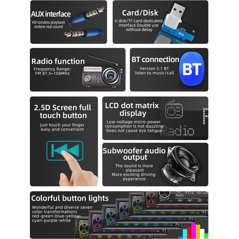 Single Din Car Stereo Receiver - Black, Hands-free Calling, Voice Assistant Control, Dual USB Ports, Shocking Stereo Sound, FM Radio for Car Driving - Image 2