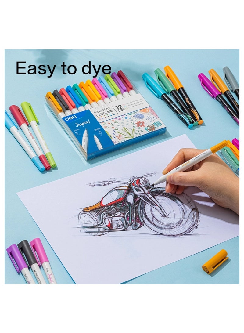 Deli 12-Piece Dual Tip Pigment Liner Pens Multicolour - Image 4