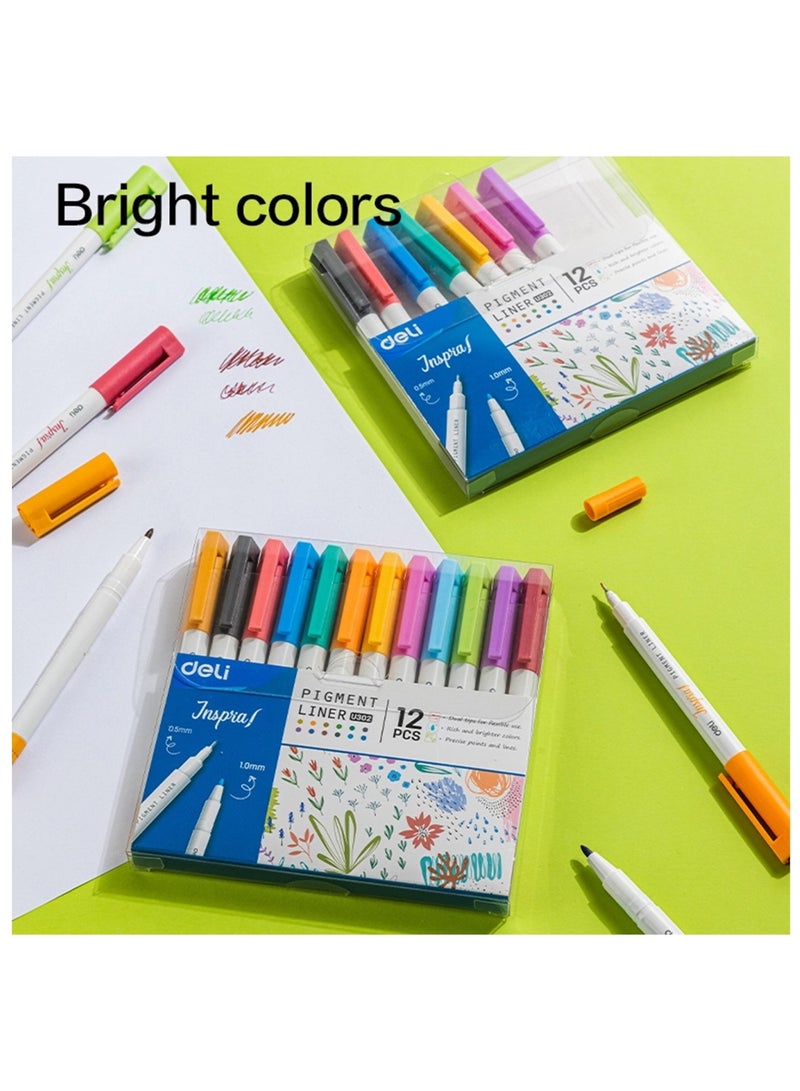 Deli 12-Piece Dual Tip Pigment Liner Pens Multicolour - Image 2