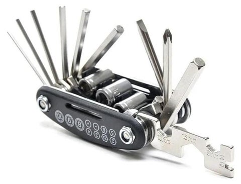 16-in-1 multifunction bicycle repair tool set, including hex wrench set, Allen keys, and bolt wrench for mountain bikes, made from carbon steel. Easy to carry and store, with high quality.