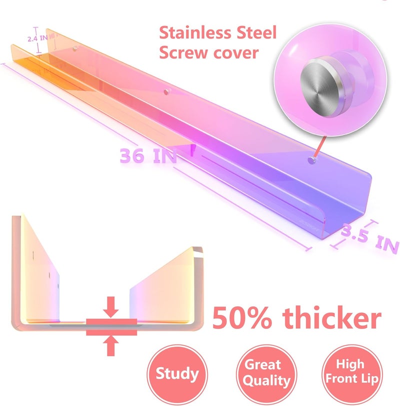RORKIM 36 inches Iridescent Acrylic Floating Shelf,Wall Mounted Kids Bookshelf, Display Book Shelves for Kids Nursery Toddler Classroom 2 Packs - Image 3
