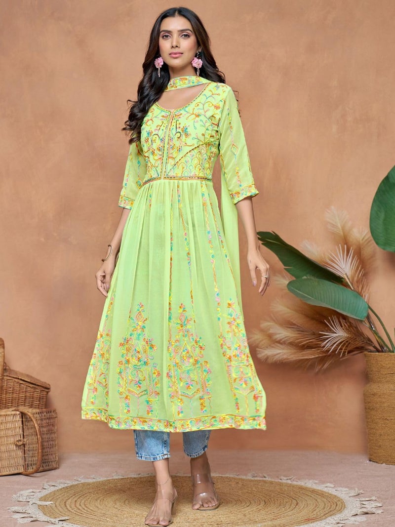 EthnicJunction Women's Georgette Embroidered and Sequence Work Naira Cut Kurta and Dupatta Set Light Green - Image 3