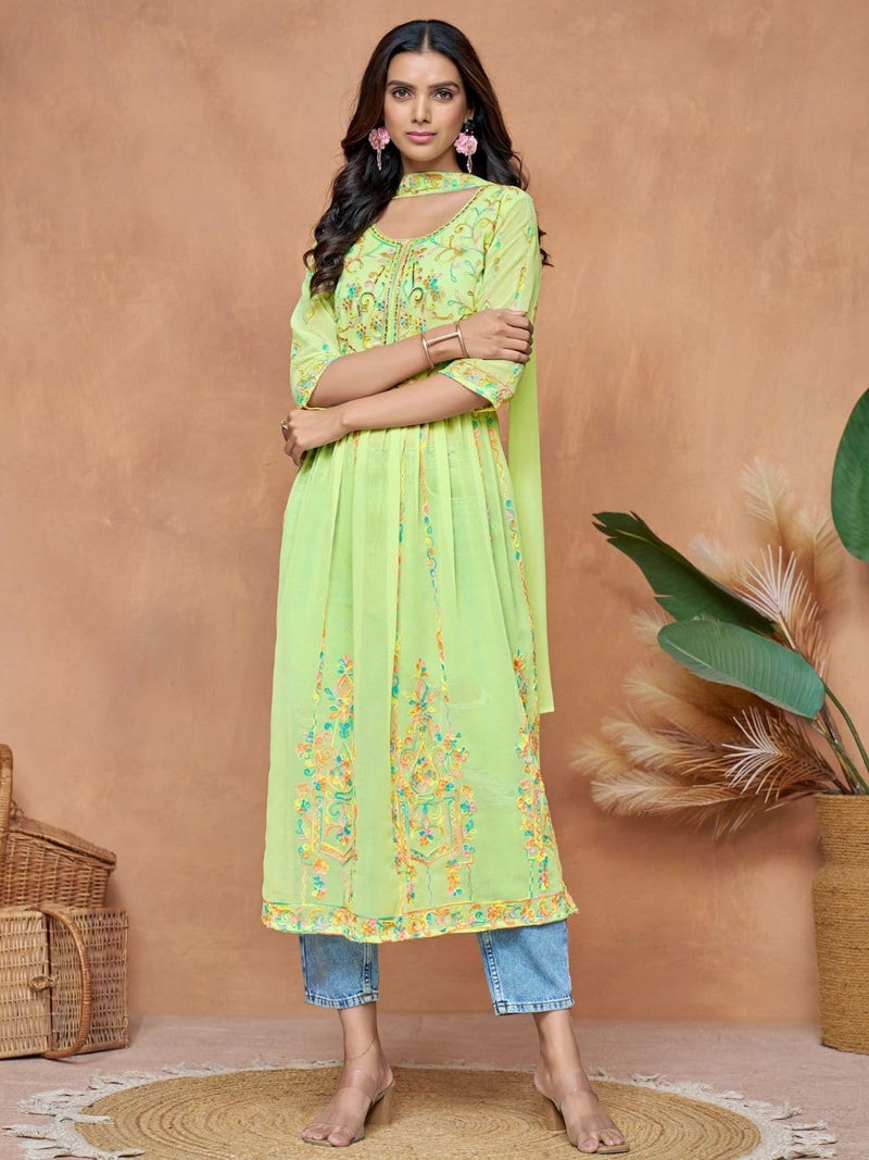 EthnicJunction Women's Georgette Embroidered and Sequence Work Naira Cut Kurta and Dupatta Set Light Green - Image 4