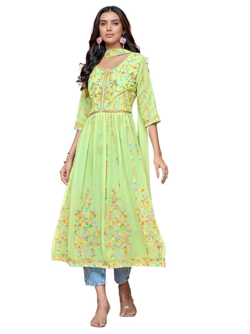EthnicJunction Women's Georgette Embroidered and Sequence Work Naira Cut Kurta and Dupatta Set Light Green - Image 1