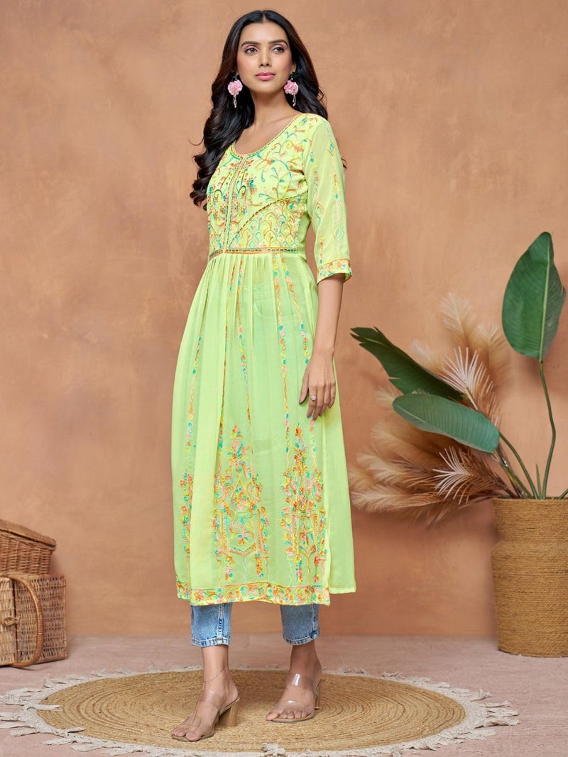 EthnicJunction Women's Georgette Embroidered and Sequence Work Naira Cut Kurta and Dupatta Set Light Green - Image 5