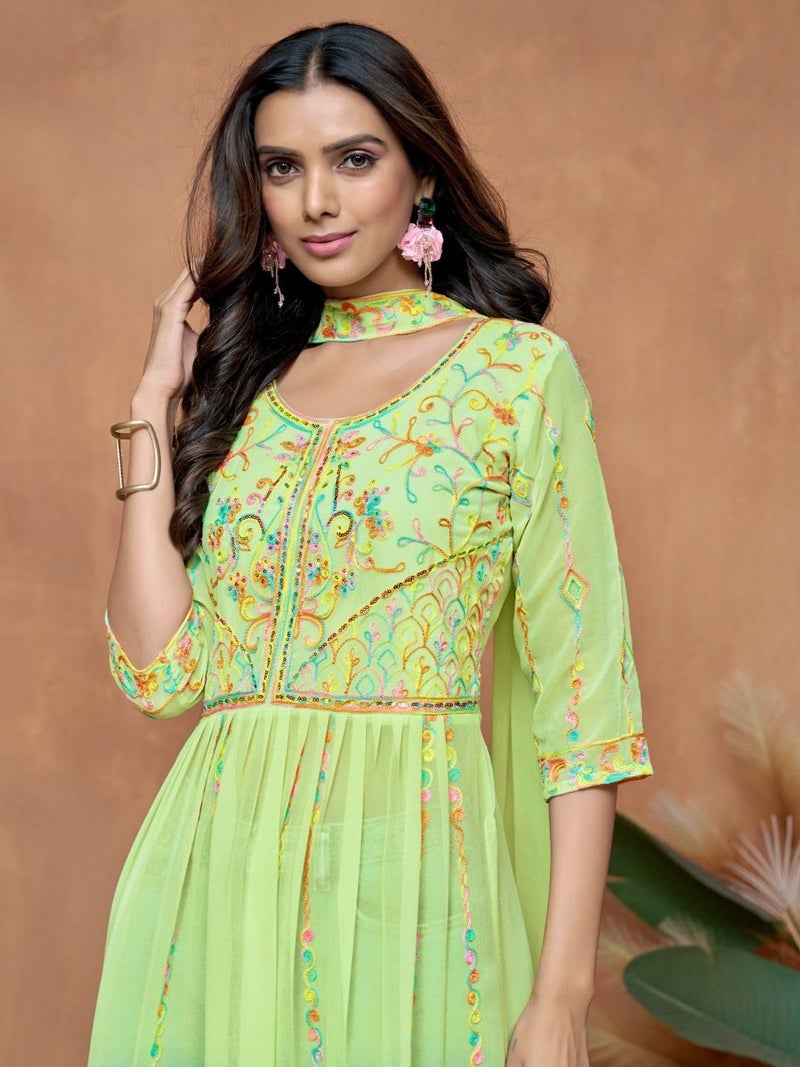 EthnicJunction Women's Georgette Embroidered and Sequence Work Naira Cut Kurta and Dupatta Set Light Green - Image 2