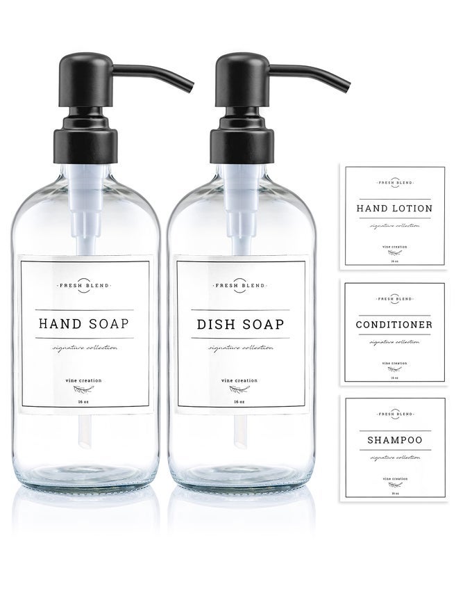 CLEAR GLASS SOAP DISPENSER 2 PACK KITCHEN SOAP DISPENSER SET WITH STAINLESS STEEL PUMP 16 OZ DISH SOAP AND HAND SOAP DISPENSERS FOR BATHROOM WITH WATERPROOF LABELS