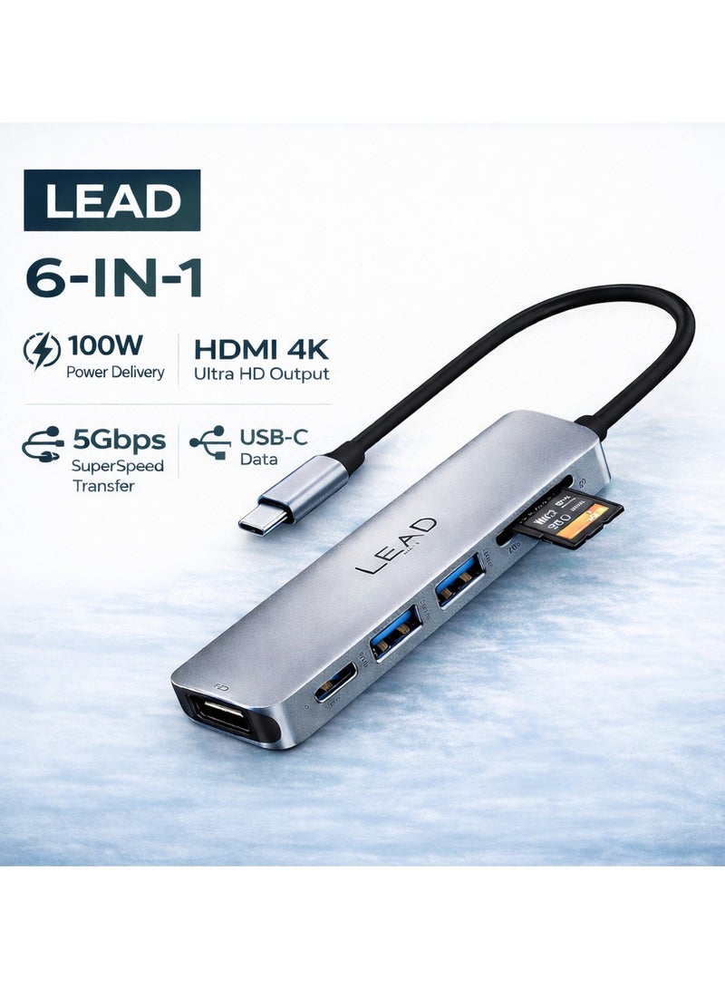 LEAD 6 in 1 USB C Hub & Docking Station (LHB06) – 4K HDMI, 100W PD, 2 USB 3.0, SD/TF – Multiport Adapter for MacBook & Laptop - Image 1