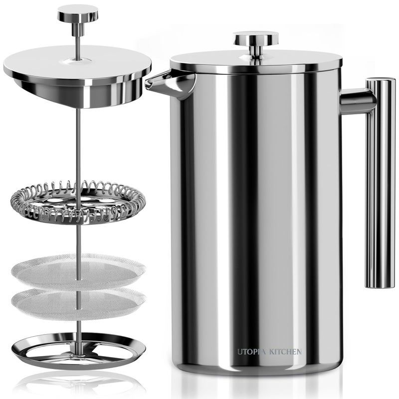Utopia Kitchen Stainless Steel French Press Coffee Maker 12 Oz French Press Tea Maker Cold Brew Portable Travel Coffee Presses Tea Press Gifts Silver