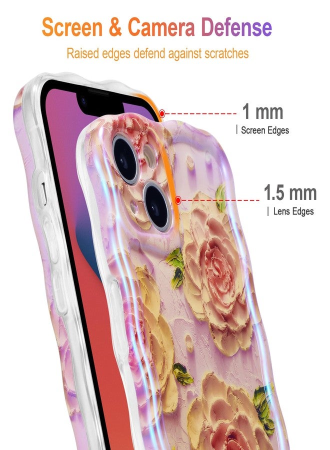 EYZUTAK جراب EYZUTAK لهاتف iPhone 13، بنمط زهور زيتية ملونة بتصميم ريترو لامع، وحواف مموجة لطيفة، غطاء هاتف أنيق ومتين من مادة TPU لحماية الفتيات والسيدات - زهرة الفاوانيا الوردية - Image 4