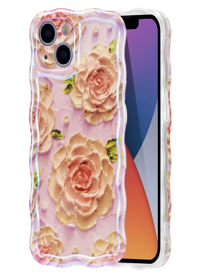 EYZUTAK جراب EYZUTAK لهاتف iPhone 13، بنمط زهور زيتية ملونة بتصميم ريترو لامع، وحواف مموجة لطيفة، غطاء هاتف أنيق ومتين من مادة TPU لحماية الفتيات والسيدات - زهرة الفاوانيا الوردية - Image 1