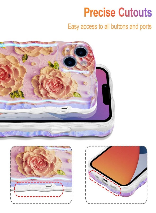 EYZUTAK جراب EYZUTAK لهاتف iPhone 13، بنمط زهور زيتية ملونة بتصميم ريترو لامع، وحواف مموجة لطيفة، غطاء هاتف أنيق ومتين من مادة TPU لحماية الفتيات والسيدات - زهرة الفاوانيا الوردية - Image 5