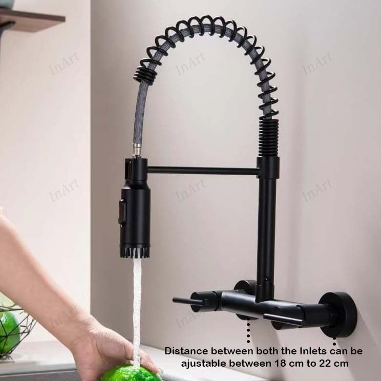 InArt Luxury with Wall-Mounted Kitchen Sink Tap - 360° Pull-Down Sprayer, Multi-Function Spray Head, Single Lever, Black Matte Finish, and Hot & Cold Functionality, Brass - Image 2