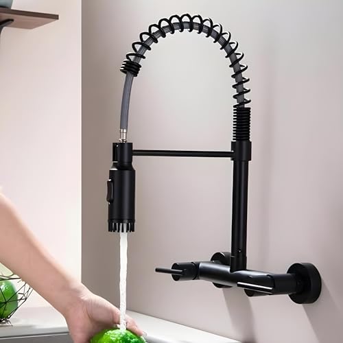 InArt Luxury with Wall-Mounted Kitchen Sink Tap - 360° Pull-Down Sprayer, Multi-Function Spray Head, Single Lever, Black Matte Finish, and Hot & Cold Functionality, Brass - Image 1