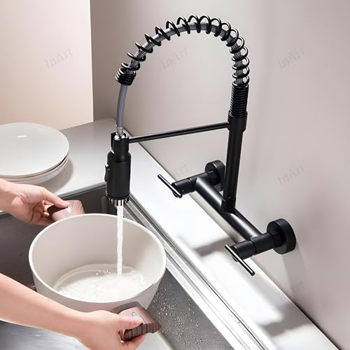 InArt Luxury with Wall-Mounted Kitchen Sink Tap - 360° Pull-Down Sprayer, Multi-Function Spray Head, Single Lever, Black Matte Finish, and Hot & Cold Functionality, Brass - Image 3