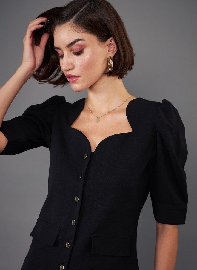 ساسافراس طقم نسائي أسود بياقة قلب وأكمام منفوشة مع بنطلون - Image 2