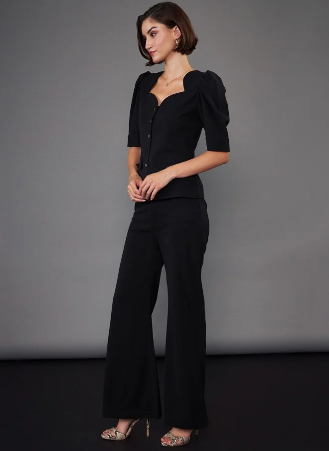 SASSAFRAS Black Sweetheart Neck Puff Sleeves Top & Trousers for Women