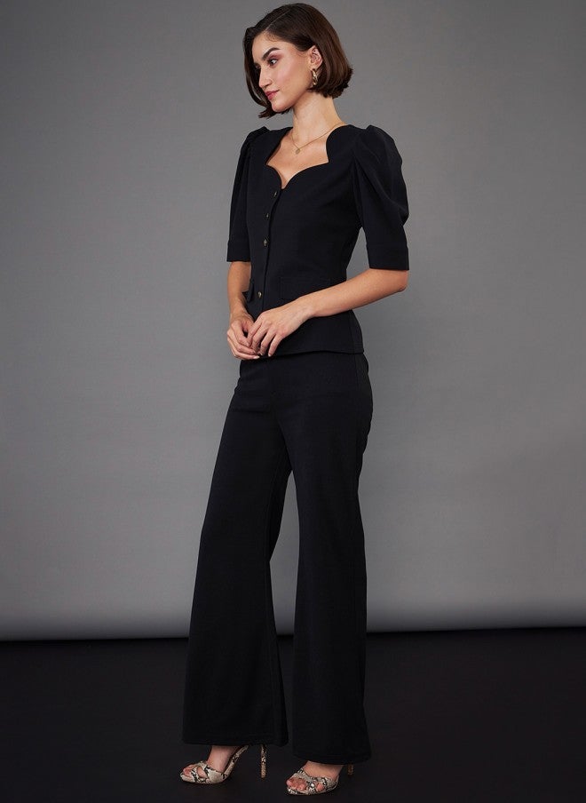 ساسافراس طقم نسائي أسود بياقة قلب وأكمام منفوشة مع بنطلون - Image 4