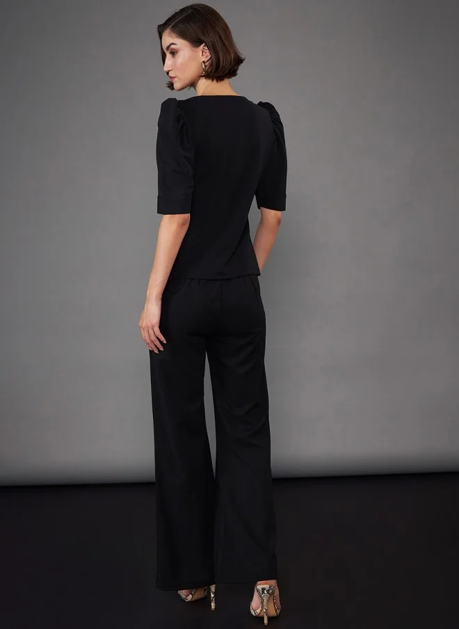 SASSAFRAS Black Sweetheart Neck Puff Sleeves Top & Trousers for Women