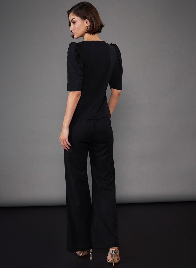 ساسافراس طقم نسائي أسود بياقة قلب وأكمام منفوشة مع بنطلون - Image 5