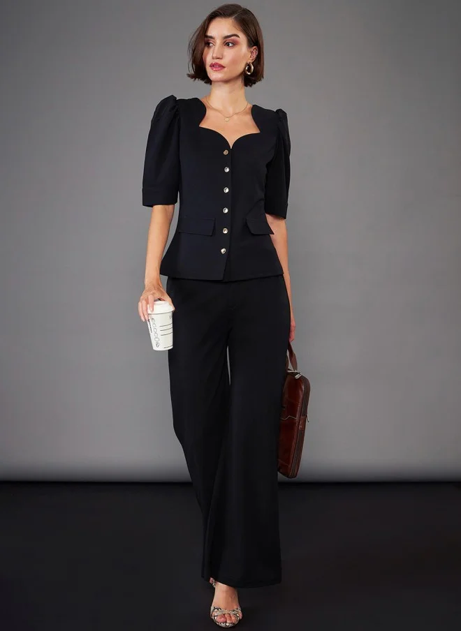 SASSAFRAS Black Sweetheart Neck Puff Sleeves Top & Trousers for Women