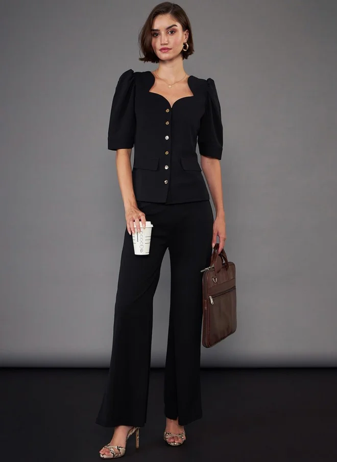 SASSAFRAS Black Sweetheart Neck Puff Sleeves Top & Trousers for Women