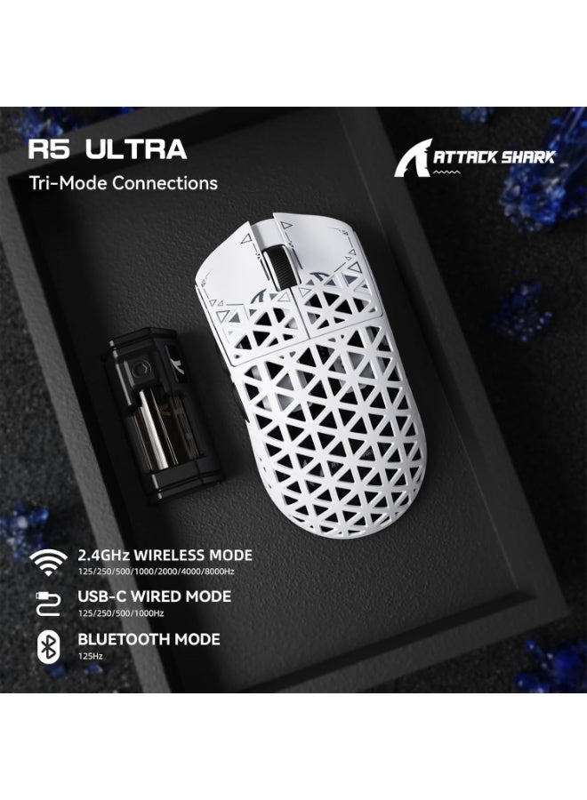 Attack Shark Wireless Gaming Mouse R5 Ultra, Carbon Fiber Hollow Design Ultralight , 42K DPI Sensor and 0.125ms Response, 3 Connection Modes (Wired, Bluetooth, 2.4G), 100 Million Click Lifetime Switches with Missing Click Prevention, Ergonomic Palm-Claw Design to Reduce Fatigue, Professional Extendable Coiled Cable, Supports Full Customization and Gives You Professional Performance in E-Sports Games - White  - Image 5