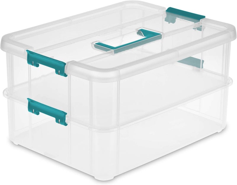 Sterilite 1427CLR Stack & Carry - 2 Layer Box, Clear Lid & Blue Handle, See-through layers - Image 1