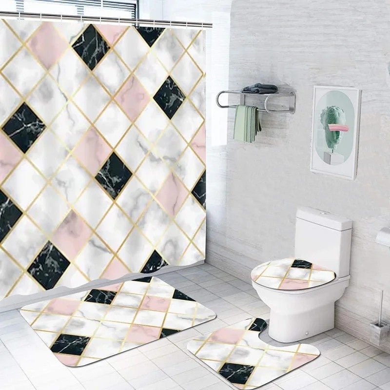 Y&D Hot Selling Marble Shower Curtain Set for Bathroom High Quality Bathroom Sets Shower Curtain Set 4 Pcs - Image 2