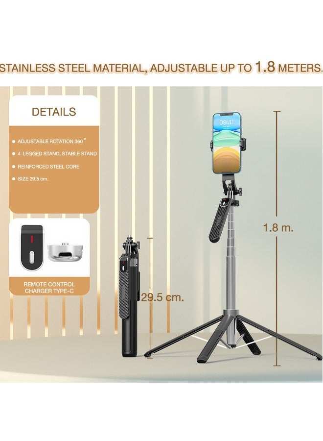 Topleo Selfie Stick Tripod  Extendable Rod with Wireless Remote and Phone Clip,1.8 m, Stainless steel material Lightweight Portable for i Phone/Android , P180 - Image 1