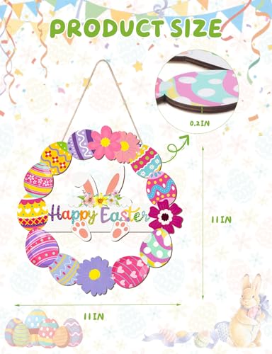 bomis Wooden Easter Wreath for Front Door Handmade Hollow Bunny Sign with Flowers and Eggs Spring Wall Hanging Decor for Indoor Outdoor Home Farmhouse Party Supplies Easter Gifts - Image 3