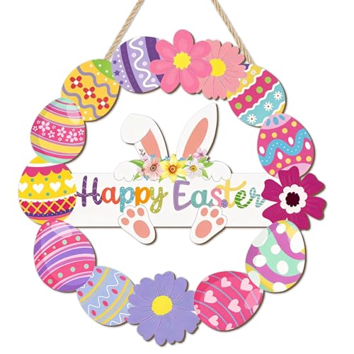 bomis Wooden Easter Wreath for Front Door Handmade Hollow Bunny Sign with Flowers and Eggs Spring Wall Hanging Decor for Indoor Outdoor Home Farmhouse Party Supplies Easter Gifts - Image 1