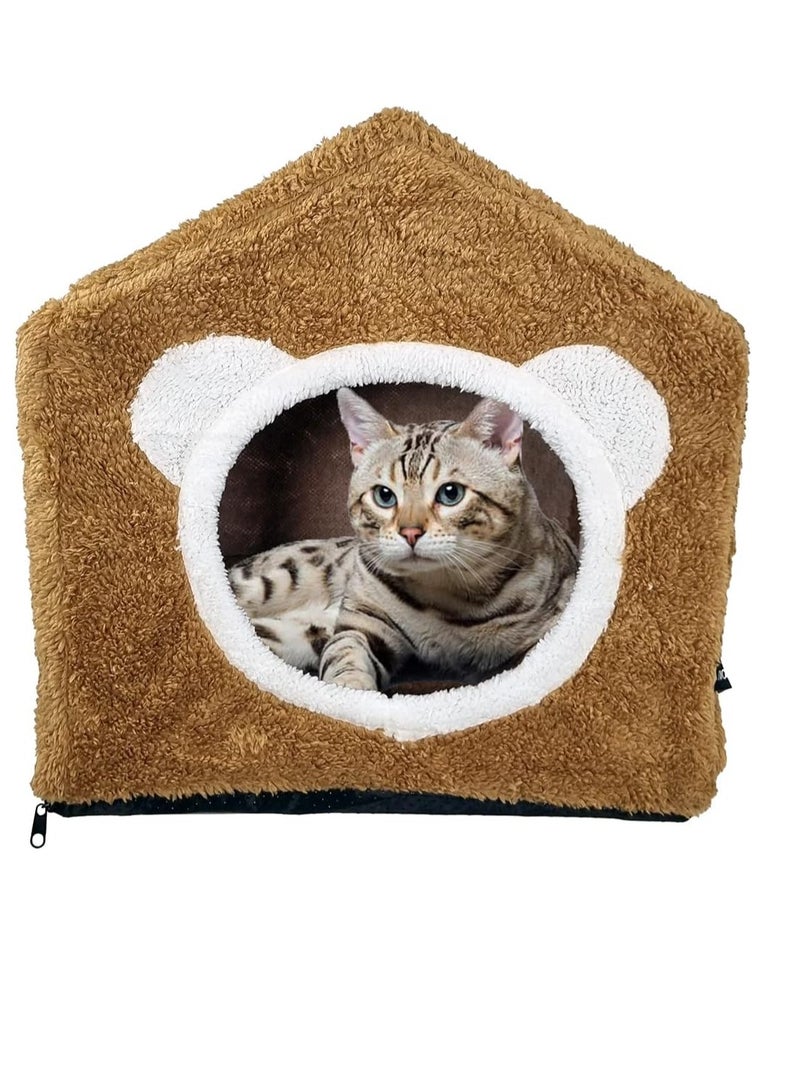 أن ان سي بيتس سرير بيت القطط مع حصيرة ناعمة قابلة للإزالة، سرير للحيوانات الأليفة، مأوى قطط ناعم ومخملي، سرير للقطط الصغيرة، مبطن بالفوم، سرير قطط قابل للفصل، قاعدة مضادة للانزلاق لون بني (42 سم) - Image 1