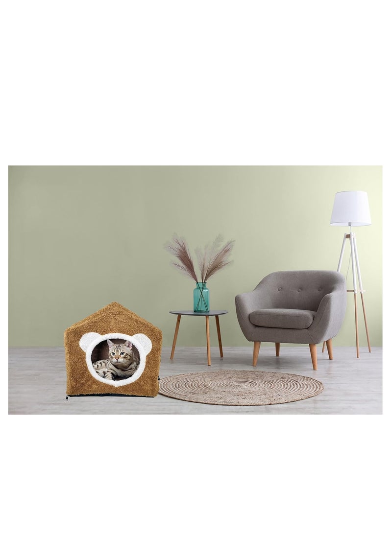 أن ان سي بيتس سرير بيت القطط مع حصيرة ناعمة قابلة للإزالة، سرير للحيوانات الأليفة، مأوى قطط ناعم ومخملي، سرير للقطط الصغيرة، مبطن بالفوم، سرير قطط قابل للفصل، قاعدة مضادة للانزلاق لون بني (42 سم) - Image 2