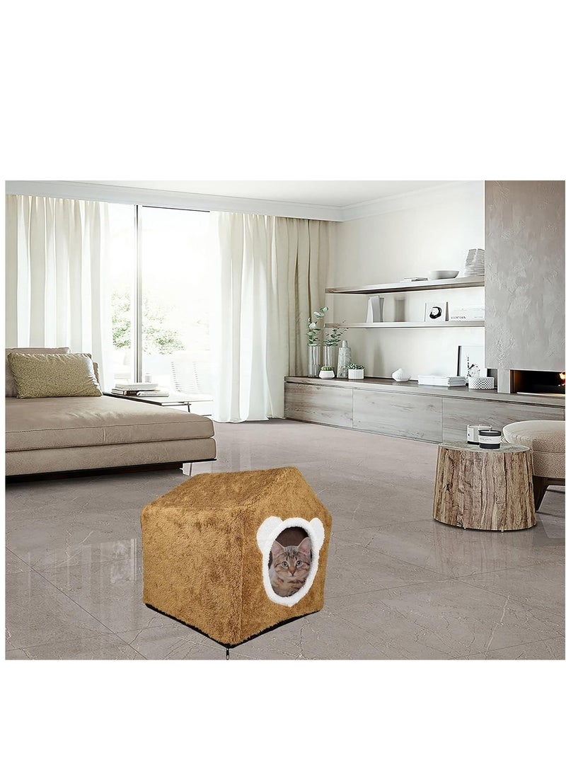 أن ان سي بيتس سرير بيت القطط مع حصيرة ناعمة قابلة للإزالة، سرير للحيوانات الأليفة، مأوى قطط ناعم ومخملي، سرير للقطط الصغيرة، مبطن بالفوم، سرير قطط قابل للفصل، قاعدة مضادة للانزلاق لون بني (42 سم) - Image 3