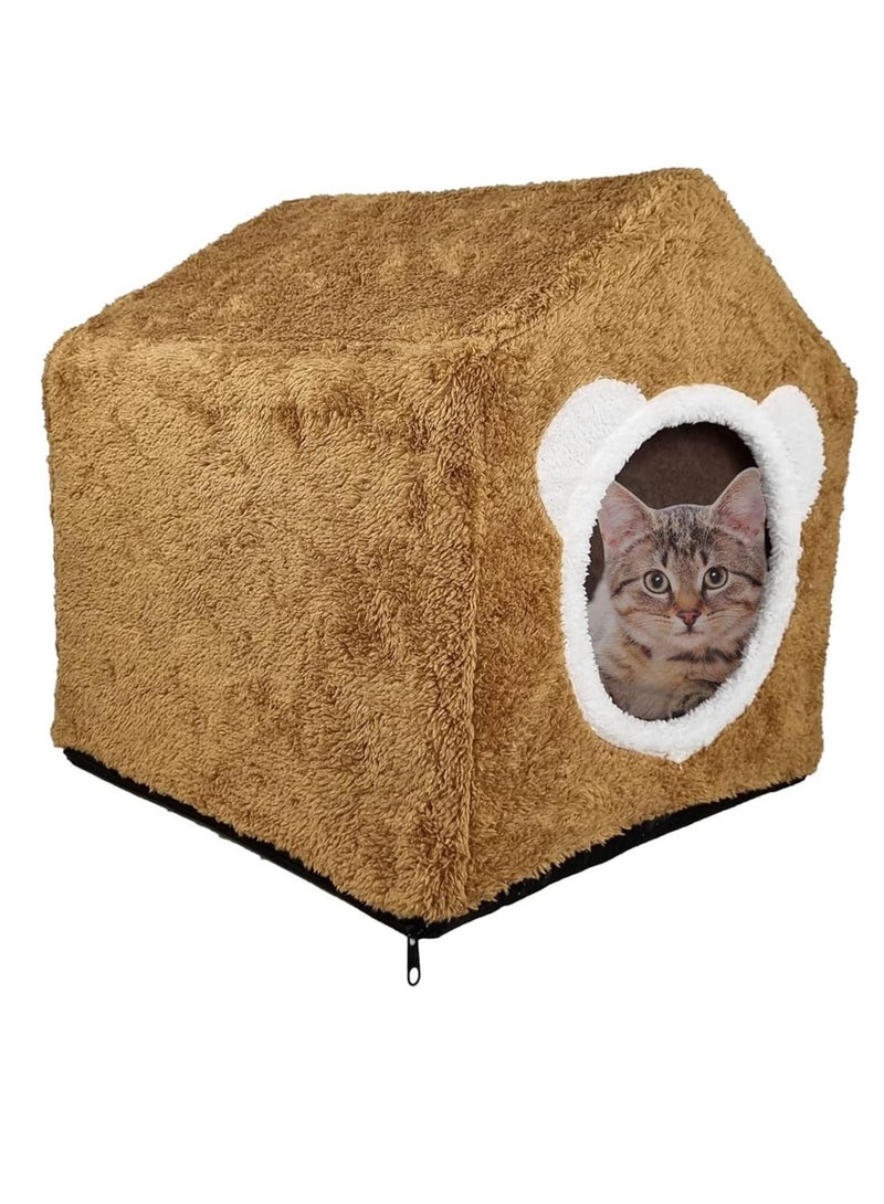أن ان سي بيتس سرير بيت القطط مع حصيرة ناعمة قابلة للإزالة، سرير للحيوانات الأليفة، مأوى قطط ناعم ومخملي، سرير للقطط الصغيرة، مبطن بالفوم، سرير قطط قابل للفصل، قاعدة مضادة للانزلاق لون بني (42 سم) - Image 4